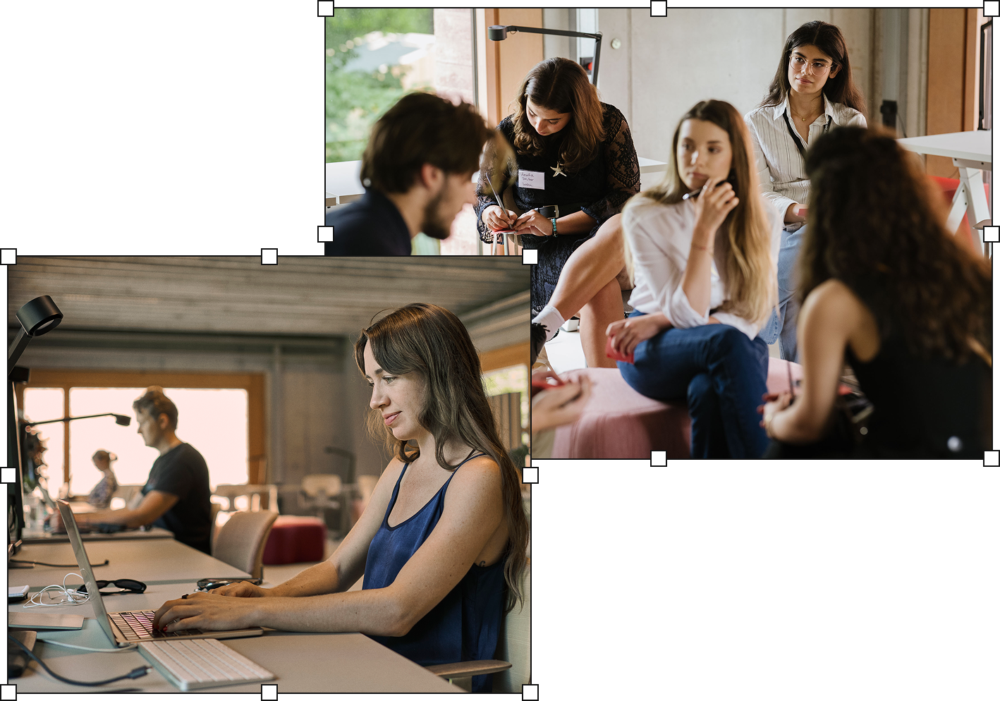 Collage von zwei Fotos: Menschen in einer Diskussion; eine Frau die im Publix an einem Laptop arbeitet