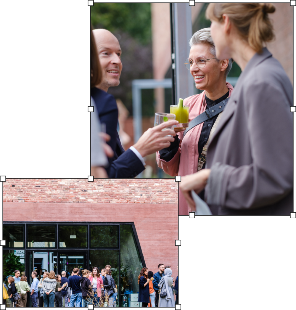 Collage aus zwei Fotos: Publix Residents unterhalten sich, eine Gruppe steht vor dem Publix-Gebäude
